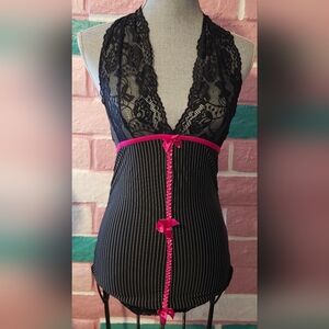 Chic Black Lace Chemise with Pink Accent
